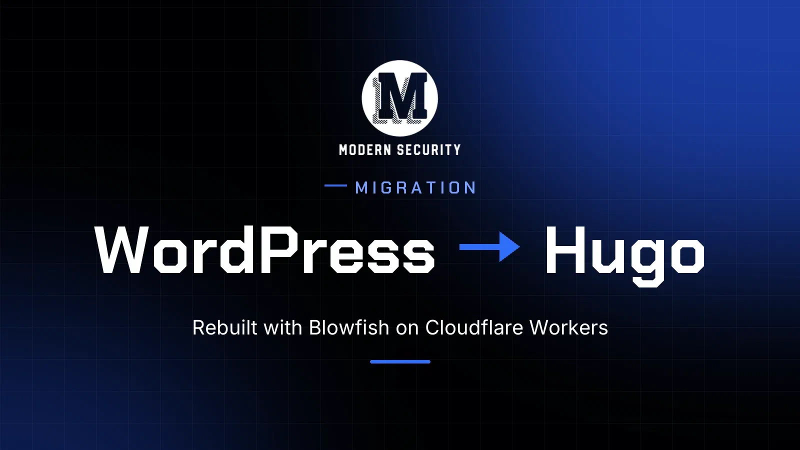 Modern Security logo with the text WordPress to Hugo, rebuilt with Blowfish on Cloudflare Workers